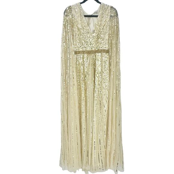 Mac Duggal Sequined V-Neck Gown Maxi Dress Cape Sleeves Nude Size 14W NWT - Picture 8 of 11